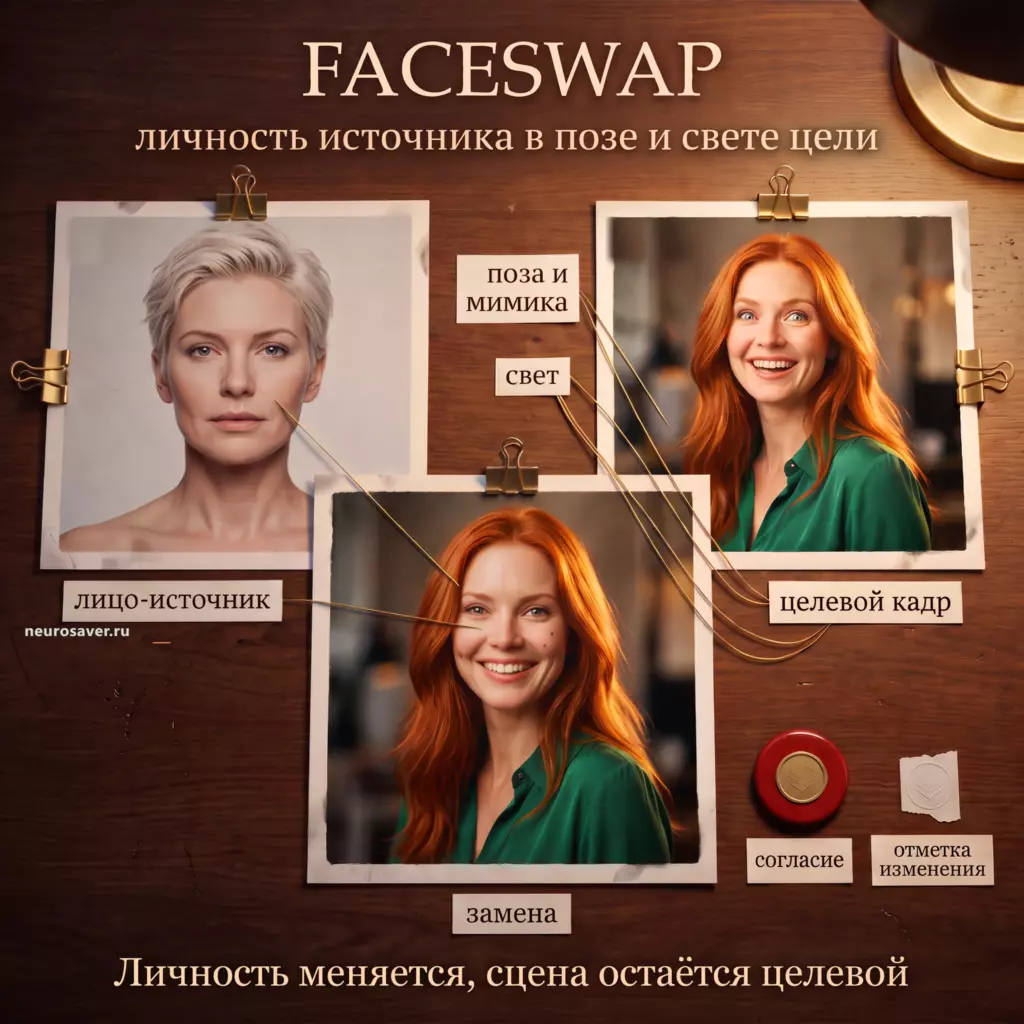 Три синтетических портрета показывают, как Faceswap переносит лицо-источник в позу, мимику и свет целевого кадра, сохраняя отметку согласия и изменения.
