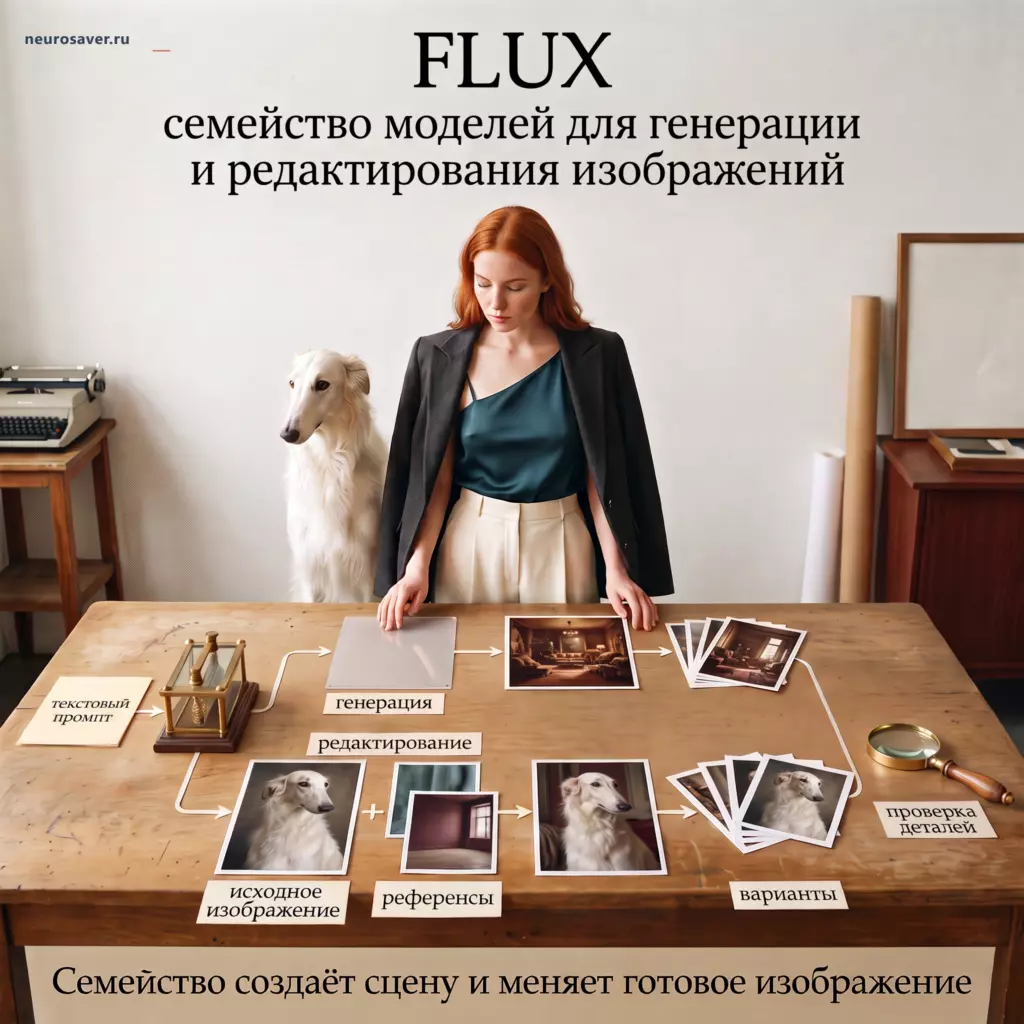 Дизайнер ведёт FLUX по двум ветвям: создаёт новую сцену из текстового промпта и редактирует фотографию русской борзой с помощью исходника и референсов, затем проверяет варианты.