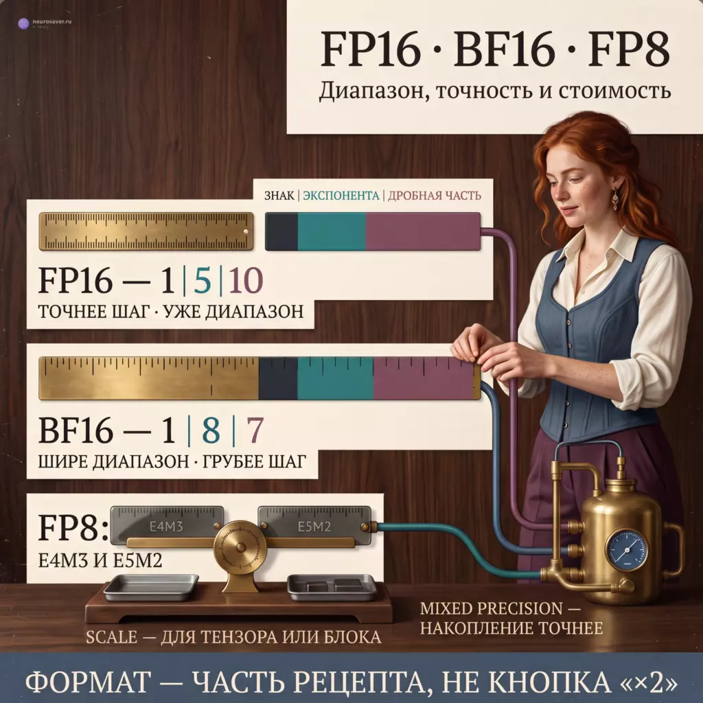 Мастер сравнивает шкалы FP16, BF16 и двух вариантов FP8; отдельный коллектор показывает scaling и накопление в более высокой точности.