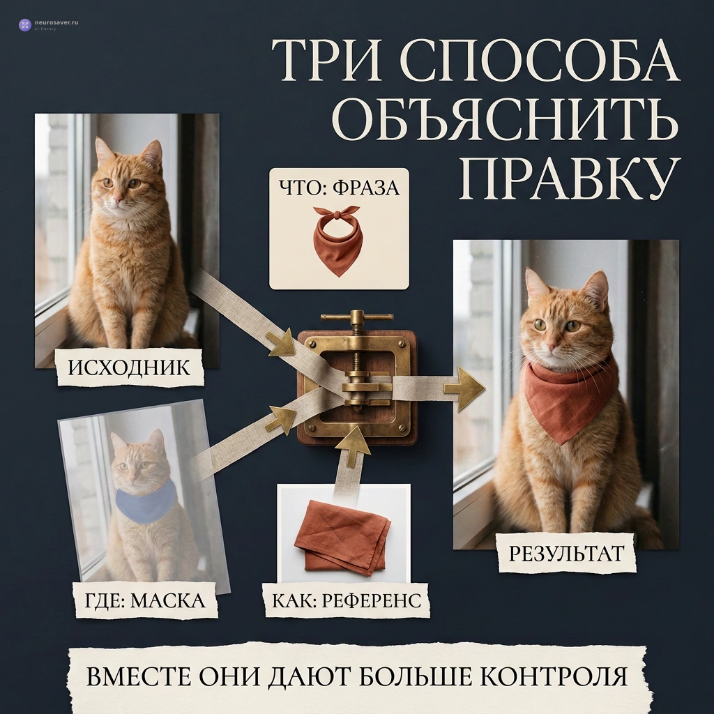 Фраза, маска вокруг шеи кота и референс банданы сходятся в одну правку, после которой тот же кот появляется с новым аксессуаром.