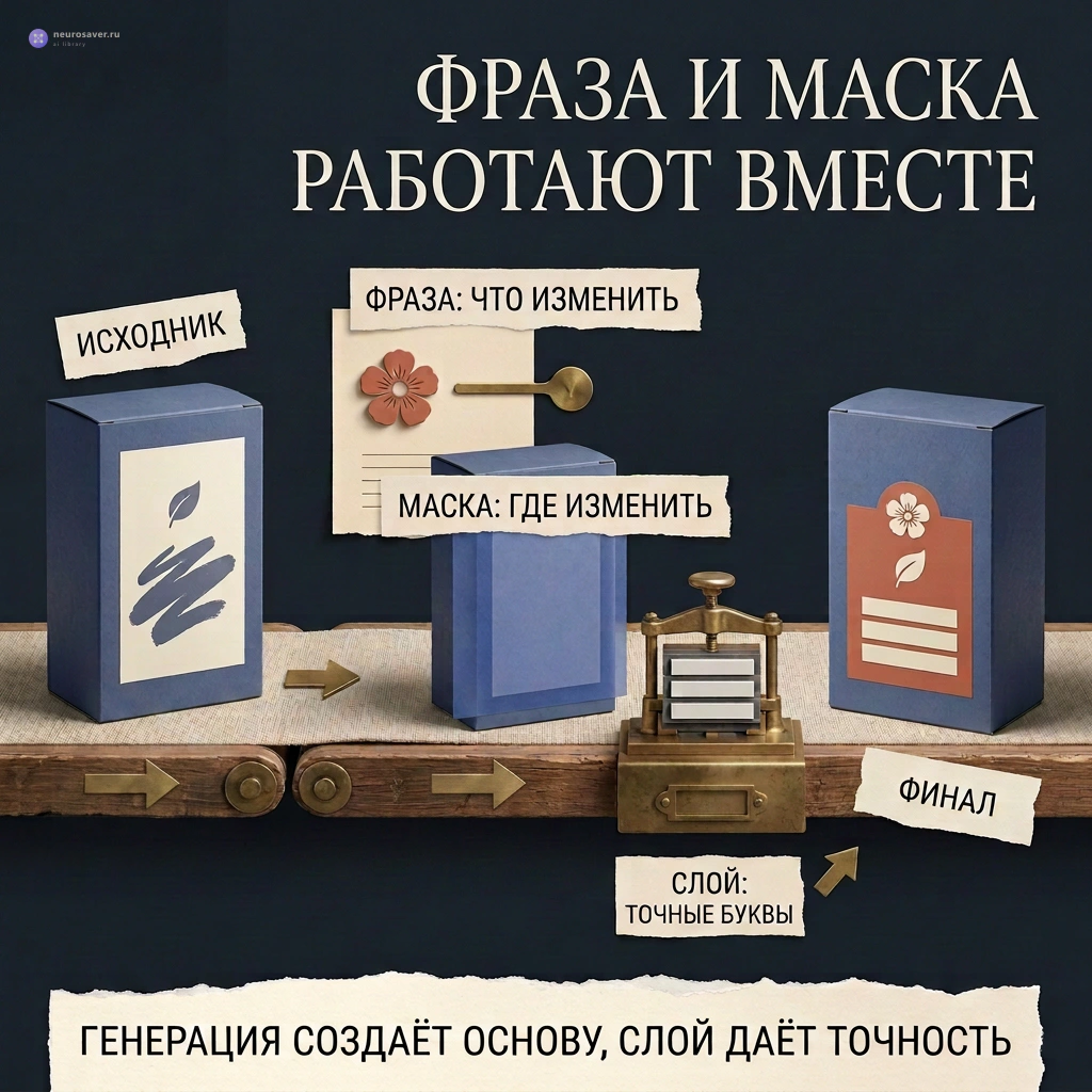 Упаковка проходит станции текстовой инструкции, точной маски и отдельного типографского слоя, после чего получается проверяемый финальный макет.