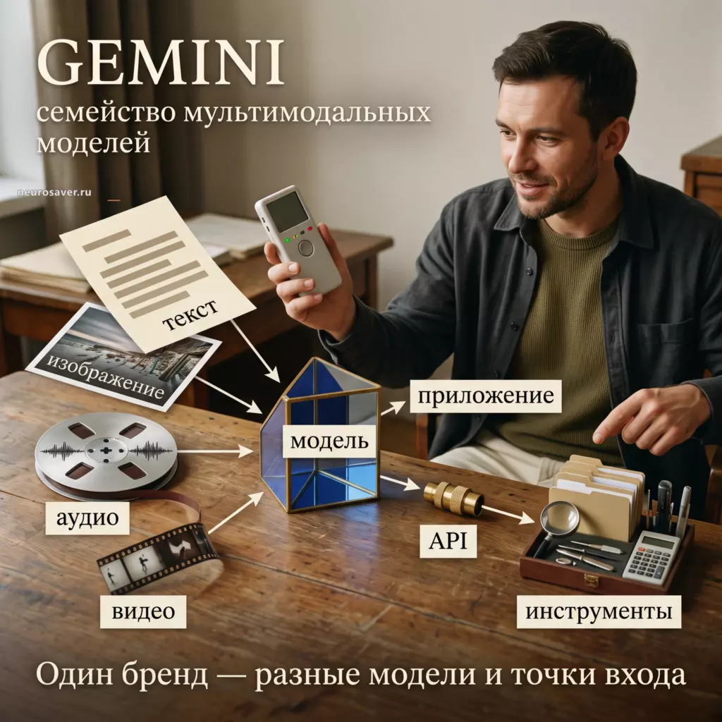 Журналист подаёт текст, изображение, аудио и видео в модель Gemini, затем получает доступ к ней через приложение или API и подключает инструменты.