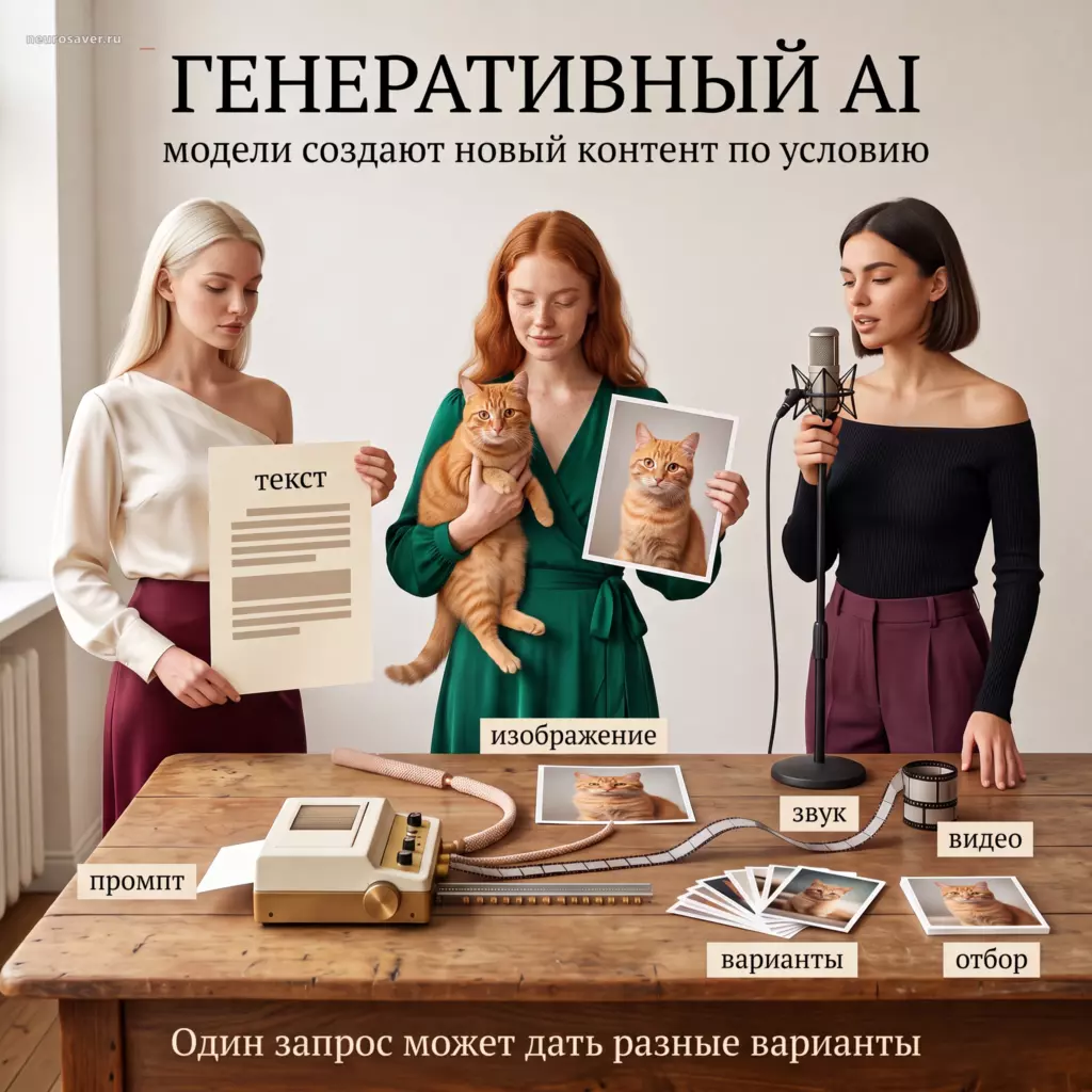 Три девушки получают от генеративного AI новые варианты текста, изображения с котом, звука и видео из одного промпта и выбирают подходящий результат.