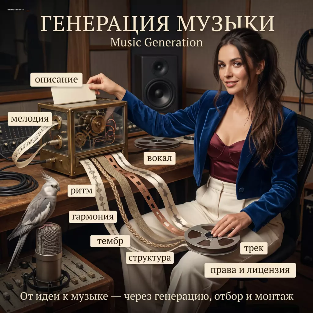 Певица-продюсер соединяет описание и мелодию с ритмом, гармонией, тембром, структурой и вокалом, собирает трек и отдельно проверяет права; у микрофона сидит корелла.