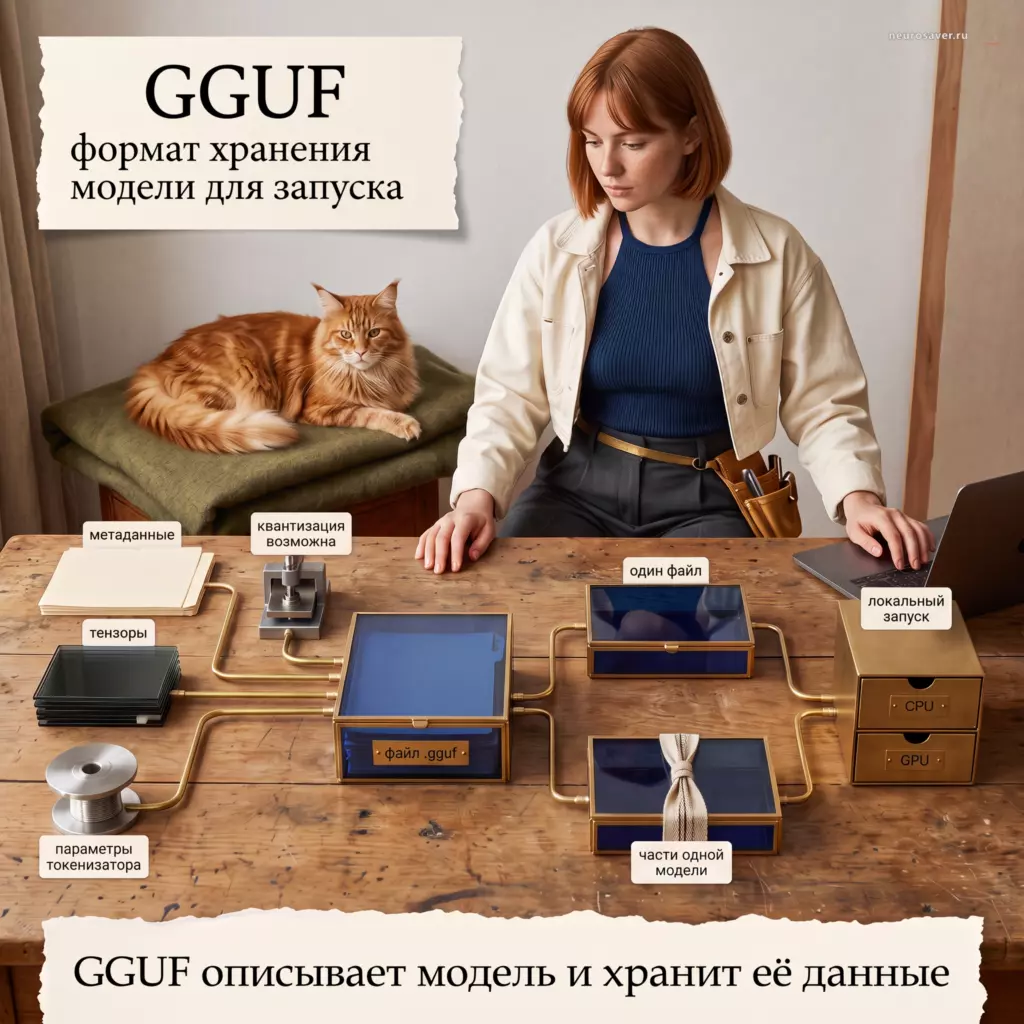 Инженер собирает GGUF из метаданных, тензоров и параметров токенизатора, показывает необязательную квантизацию, один файл и части модели; рядом лежит рыжий мейн-кун.