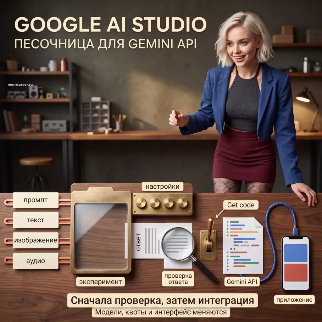 Разработчица показывает устойчивый путь Google AI Studio: промпт и мультимодальные данные проходят через браузерный эксперимент, проверку ответа, Get code, Gemini API и прототип приложения.