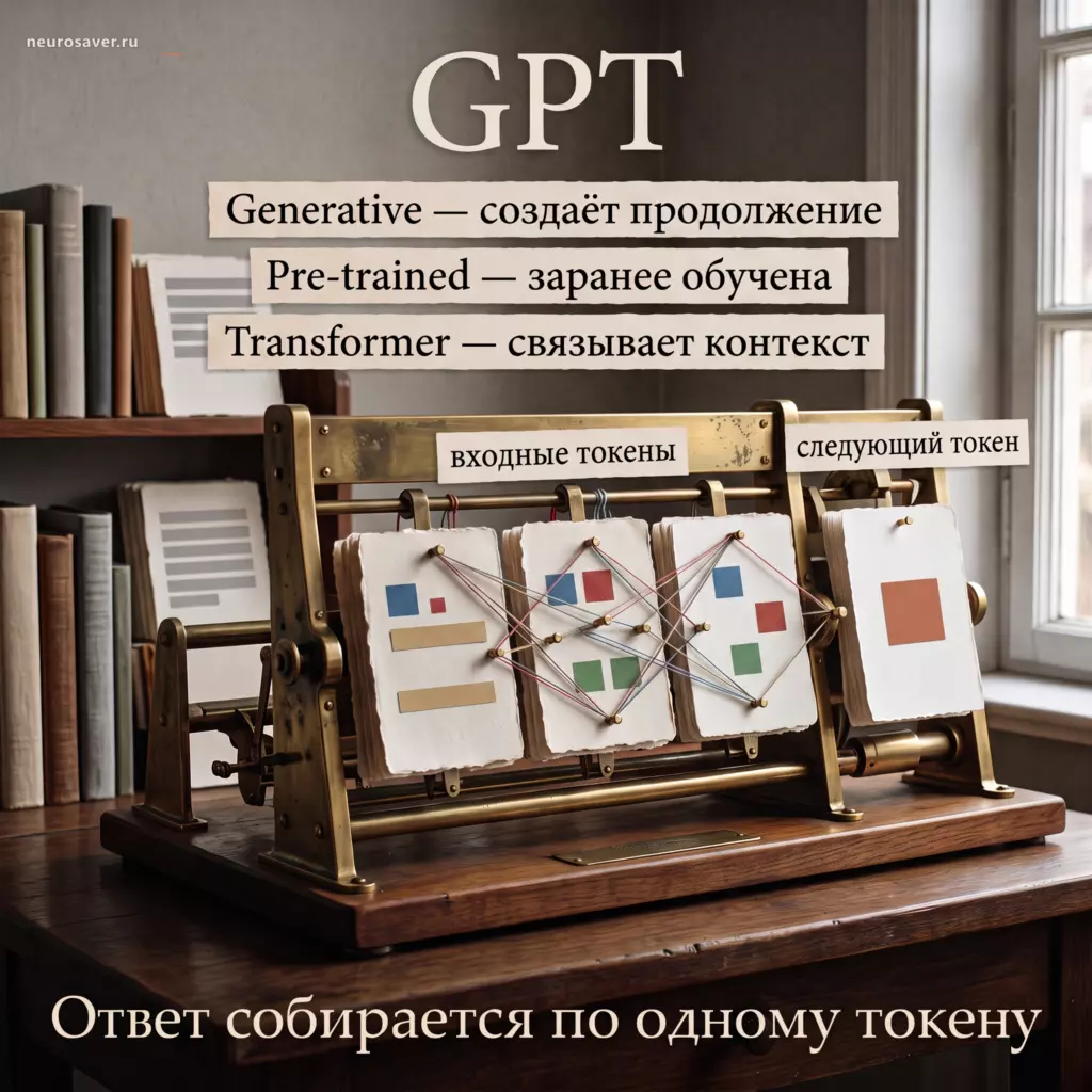 Типографский механизм GPT связывает входные токены контекстом и печатает следующий токен, показывая смысл частей названия.