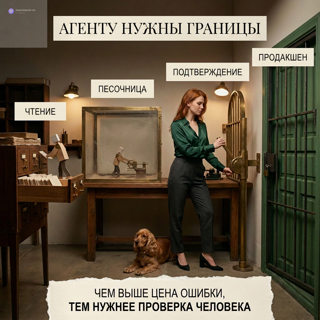 Инженер открывает агенту путь от чтения и песочницы к продакшену только после человеческого подтверждения рискованного действия.