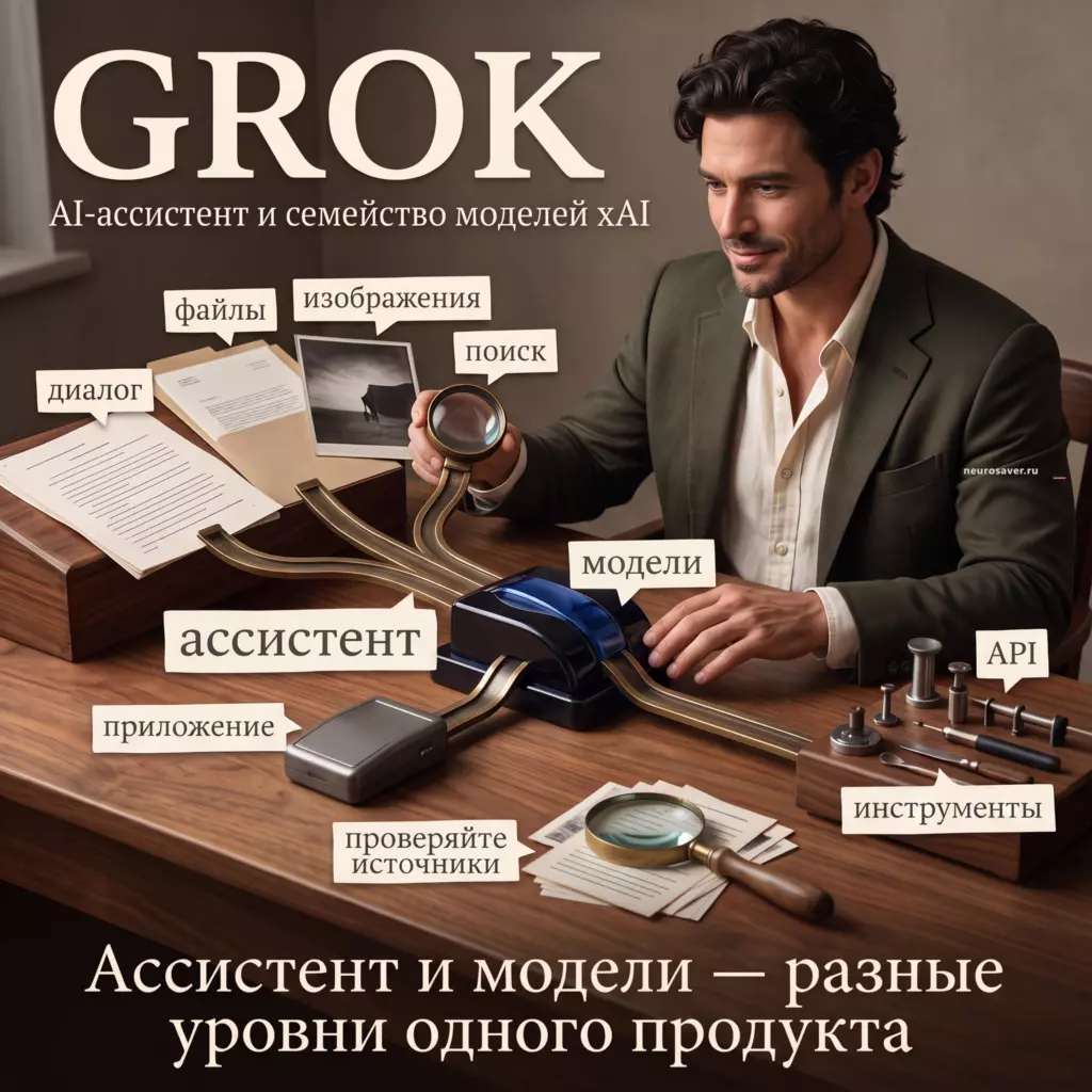 Редактор направляет диалог, файлы, изображения и поиск в Grok, различая ассистента, модели, приложение, API и инструменты, а найденные сведения проверяет по источникам.