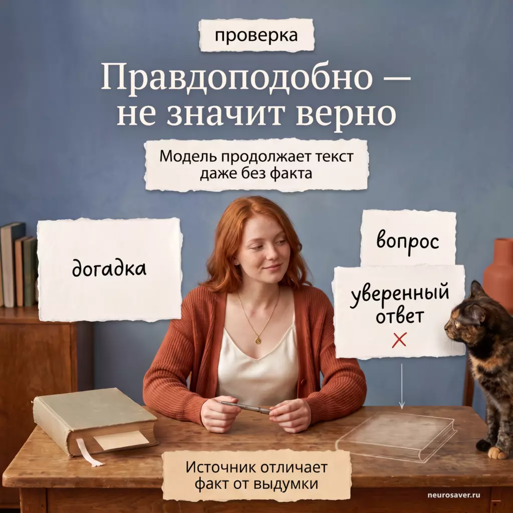 Девушка и кот проверяют уверенный ответ по книгам и источникам: метафора правдоподобной галлюцинации модели.