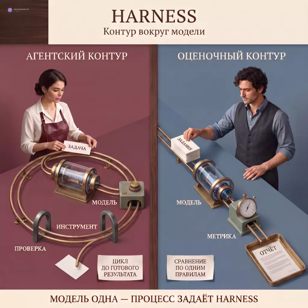 Слева агентский harness ведёт задачу через модель, инструмент и проверку по кругу, справа оценочный harness проводит одинаковые задания через модель к метрике и отчёту.