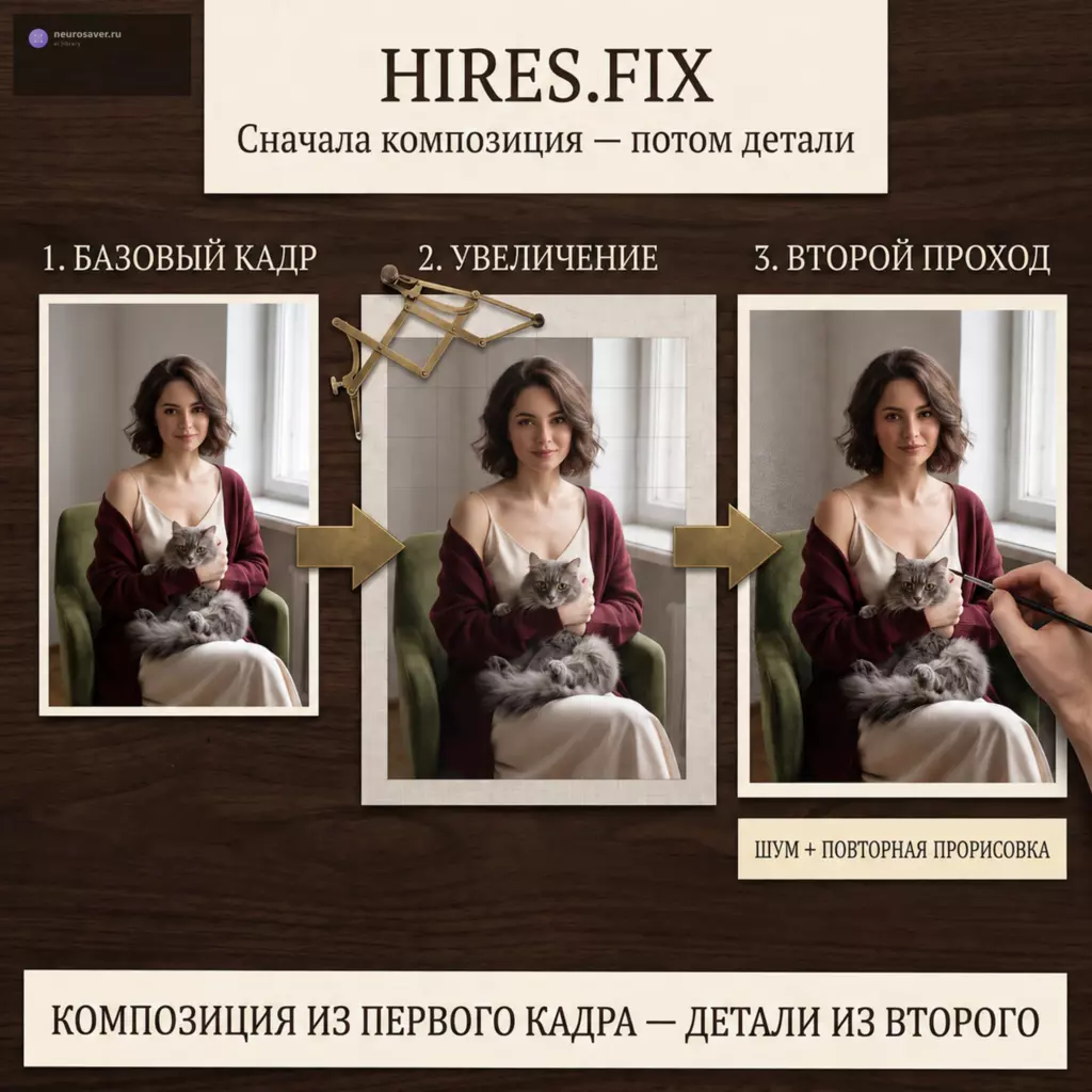 Маленький портрет девушки с котом увеличивается, а затем проходит повторную прорисовку: композиция сохраняется, волосы, ткань и шерсть становятся детальнее.