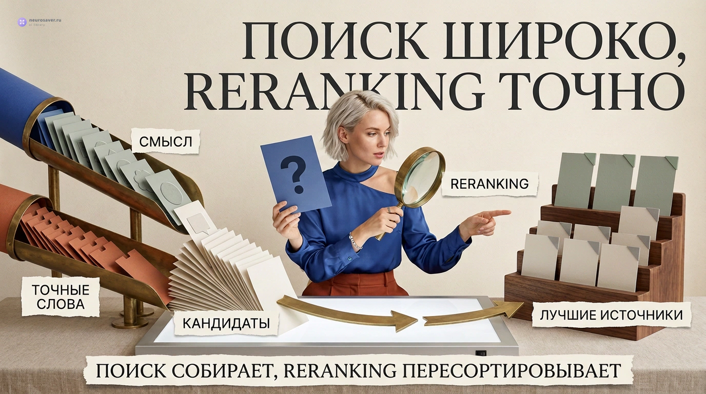 Два потока поиска по смыслу и точным словам собирают карточки-кандидаты, после чего редактор сравнивает их с вопросом и переставляет лучшие источники наверх.