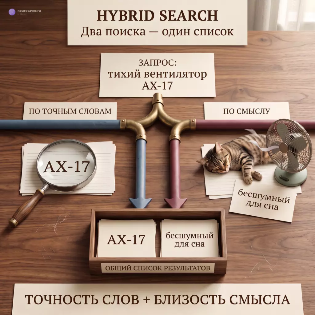 Запрос о тихом вентиляторе AX-17 делится на поиск по точным словам и по смыслу, после чего обе ветки объединяются в общий список результатов.