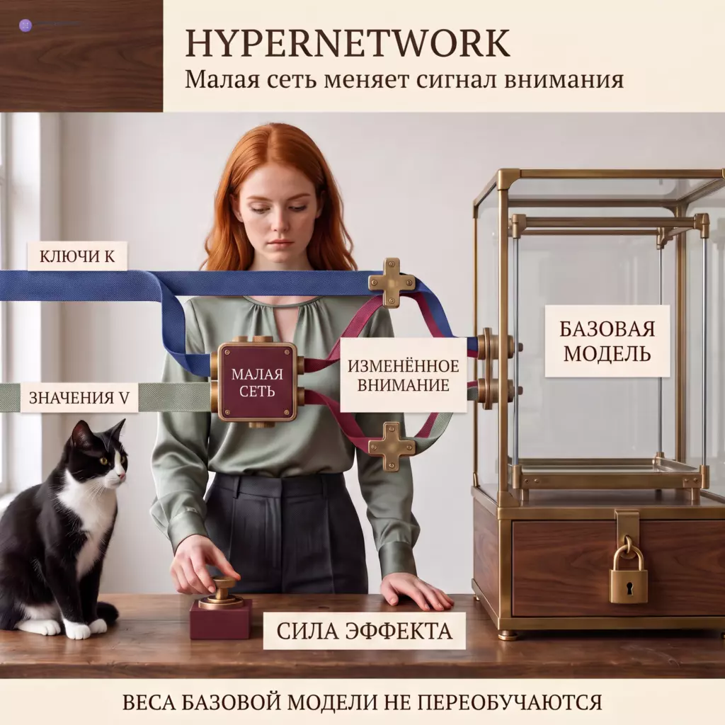 Малая сеть Hypernetwork получает ключи K и значения V, добавляет к ним регулируемую поправку и возвращает изменённый сигнал внимания в базовую модель с закрытыми весами.