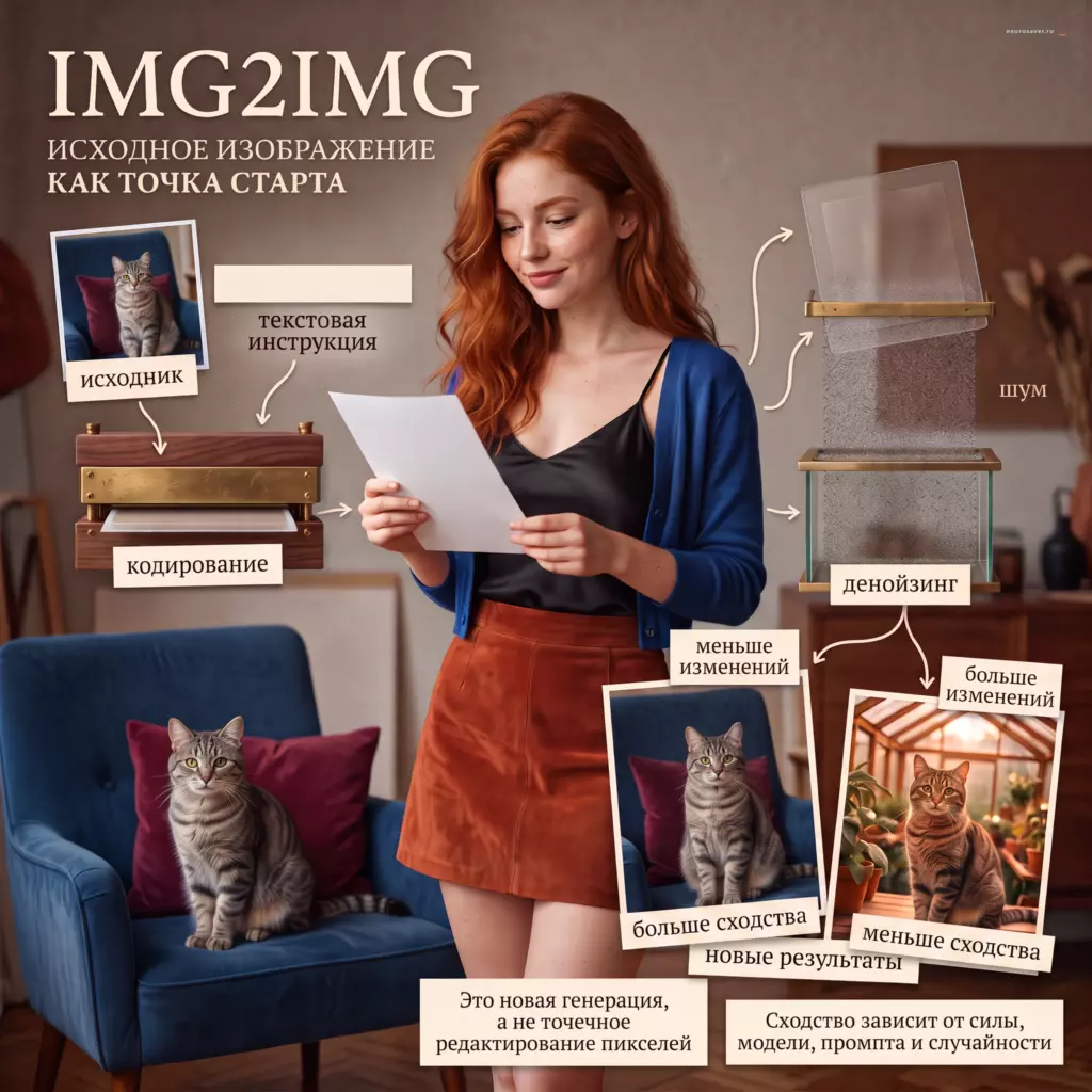 Иллюстраторка превращает фотографию полосатого кота через кодирование, шум и денойзинг в две новые версии: более похожую на исходник и более свободно переосмысленную.