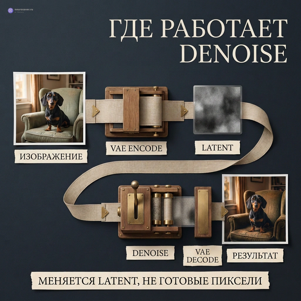 Исходное изображение проходит VAE Encode, превращается в latent, меняется через denoise и возвращается через VAE Decode как результат.