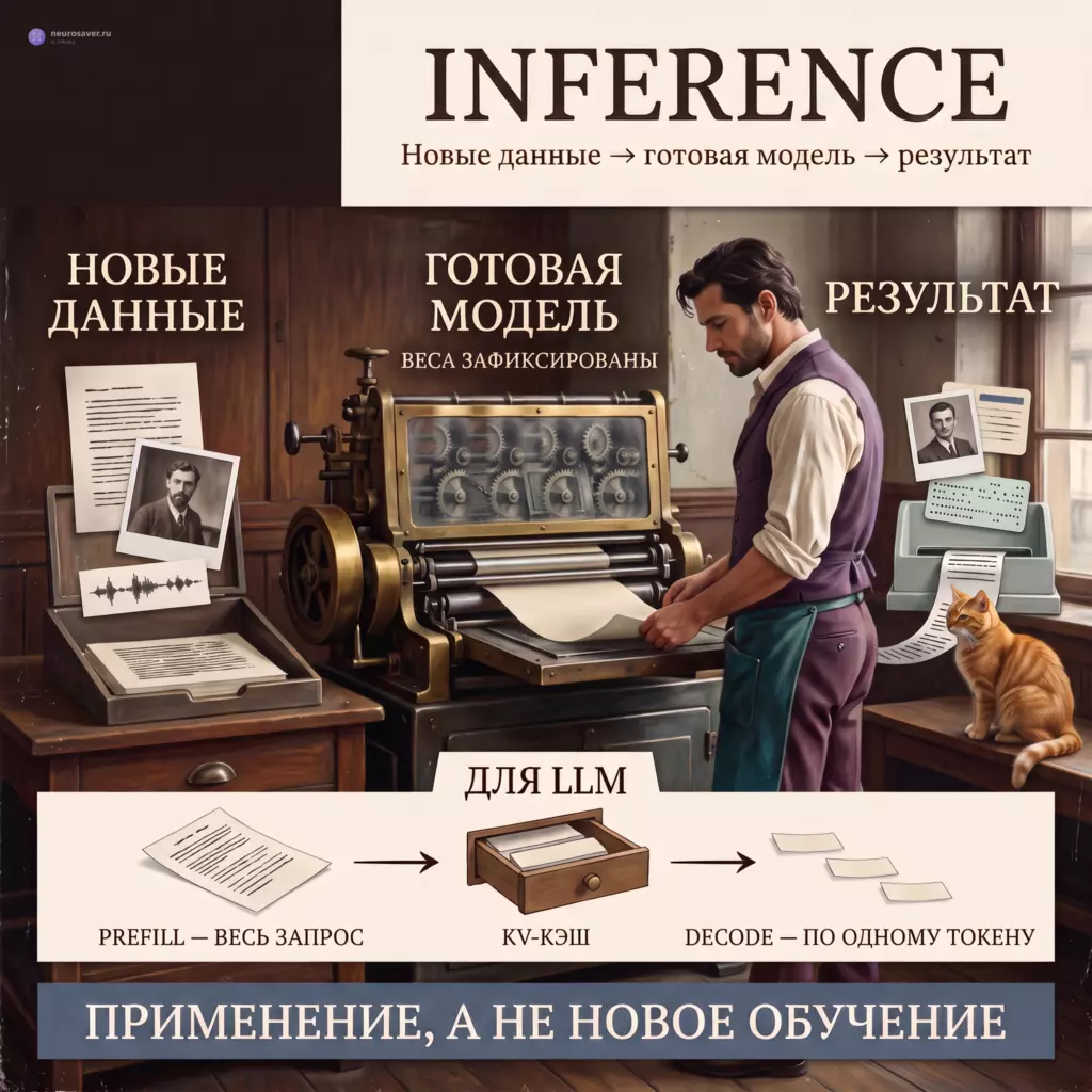 Новые данные проходят через готовую модель с неизменными весами; отдельная лента показывает prefill всего запроса и decode по одному токену.