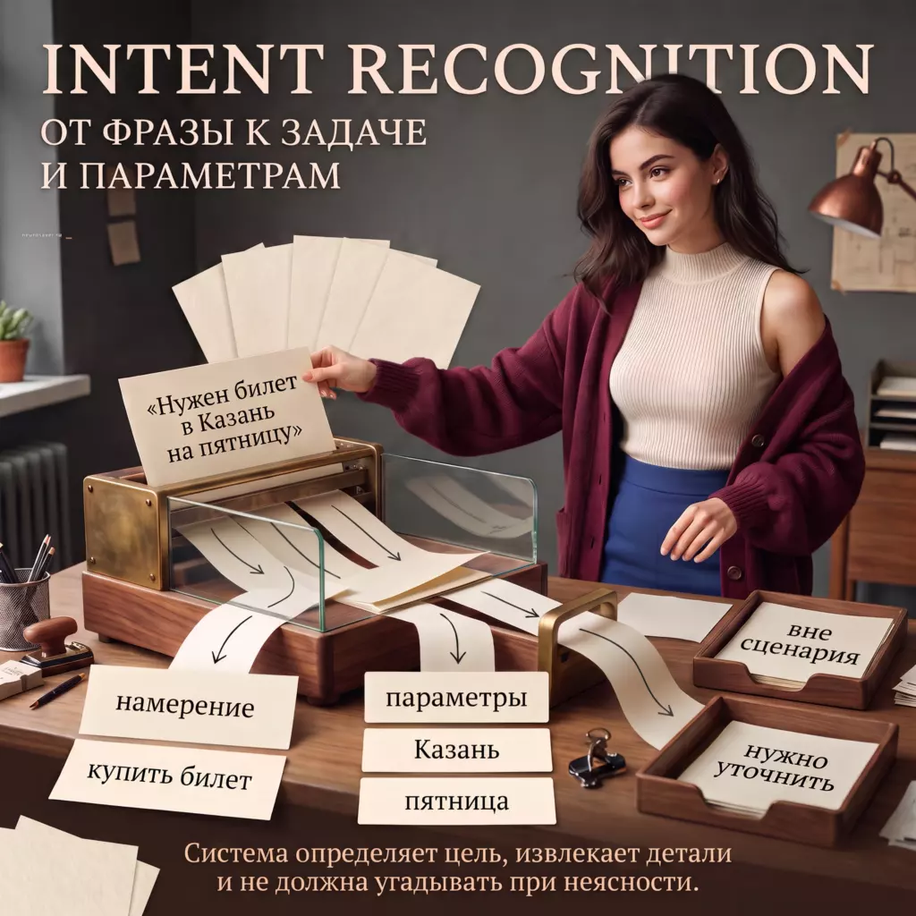 Диспетчерка пропускает запрос о билете через смысловой сортировщик, который отделяет намерение купить билет от параметров Казань и пятница и отправляет неясные фразы на уточнение.