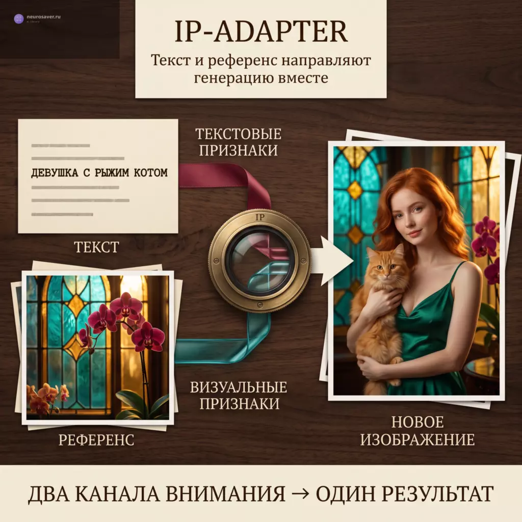 Текстовая карточка и фотография витража входят в IP-Adapter раздельными каналами, создавая новый портрет девушки с рыжим котом в цвете референса.