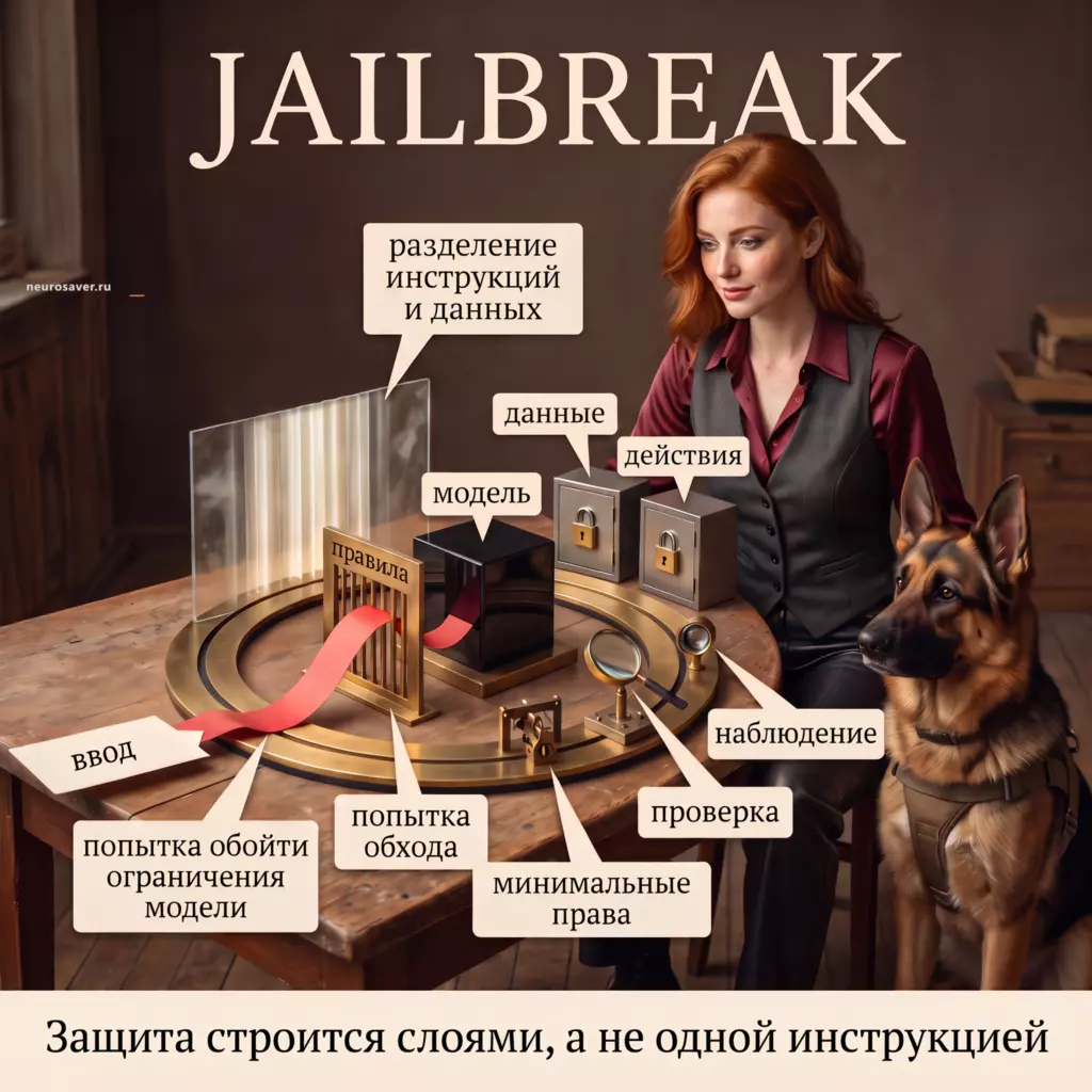 Специалист по безопасности со служебной собакой наблюдает попытку обойти правила модели; данные и действия защищают разделение инструкций, минимальные права, проверка и наблюдение.