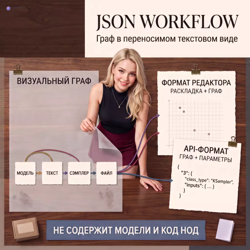 Девушка раскладывает один граф из четырёх нод в два JSON-листа: формат редактора сохраняет расположение, а API-формат — исполняемую структуру и параметры.