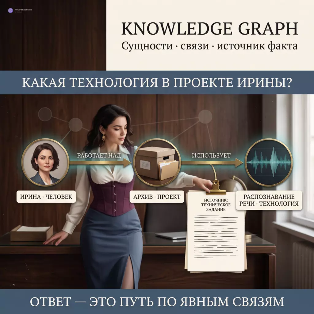 Архивист связывает сущности «человек», «проект» и «технология» подписанными отношениями; запрос подсвечивает путь и источник каждого факта.