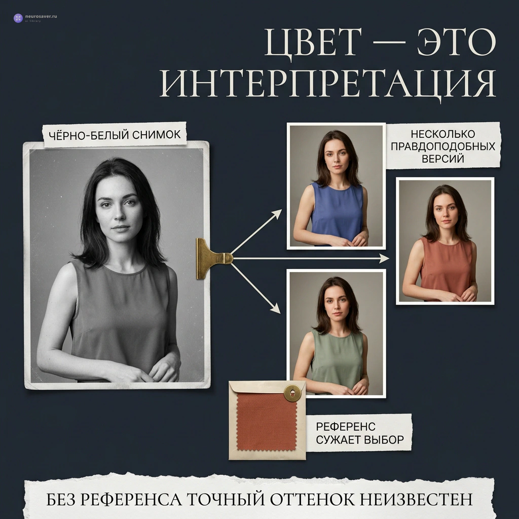 Один чёрно-белый портрет превращается в три правдоподобные цветные версии, а образец ткани помогает выбрать оттенок, не доказывая остальные цвета.