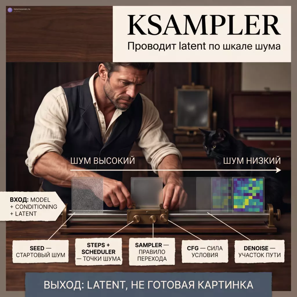 Мастер ведёт стеклянный latent по латунной шкале от высокого к низкому шуму; подписи разделяют seed, scheduler, sampler, CFG и denoise.