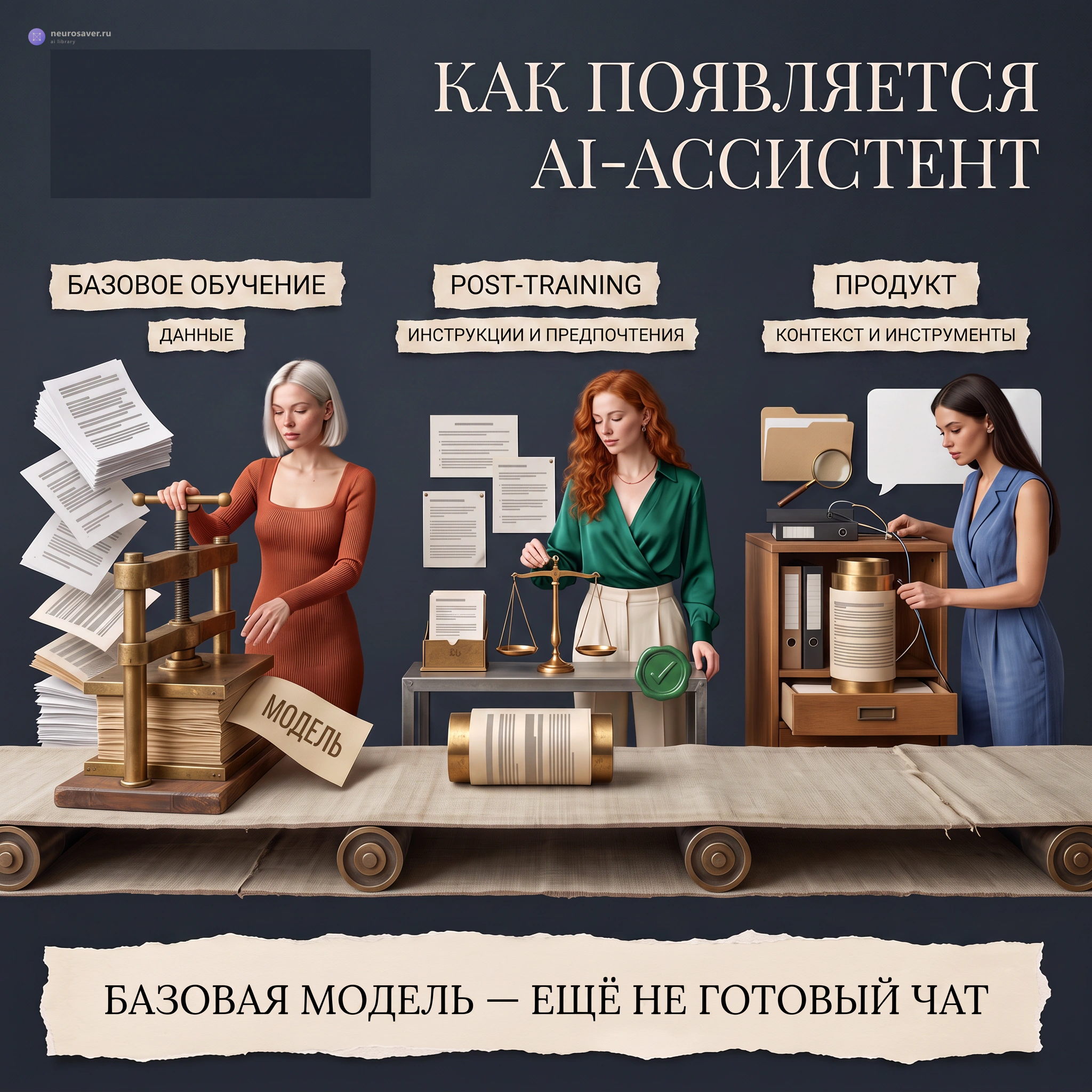 Три героини последовательно превращают данные в базовую модель, настраивают её поведение и добавляют контекст с инструментами готового продукта.
