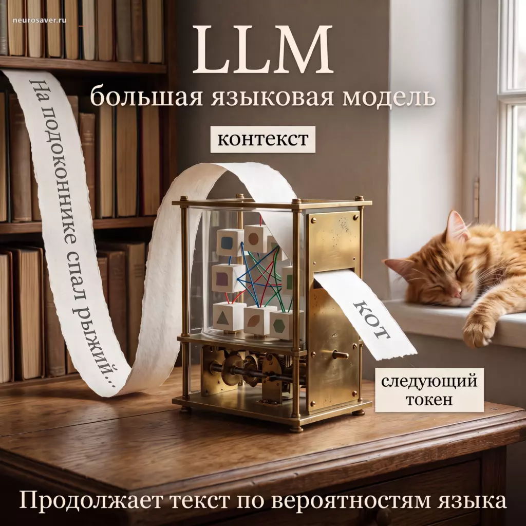 Рыжий кот и библиотечный механизм показывают, как LLM учитывает контекст и выбирает следующий токен для продолжения текста.