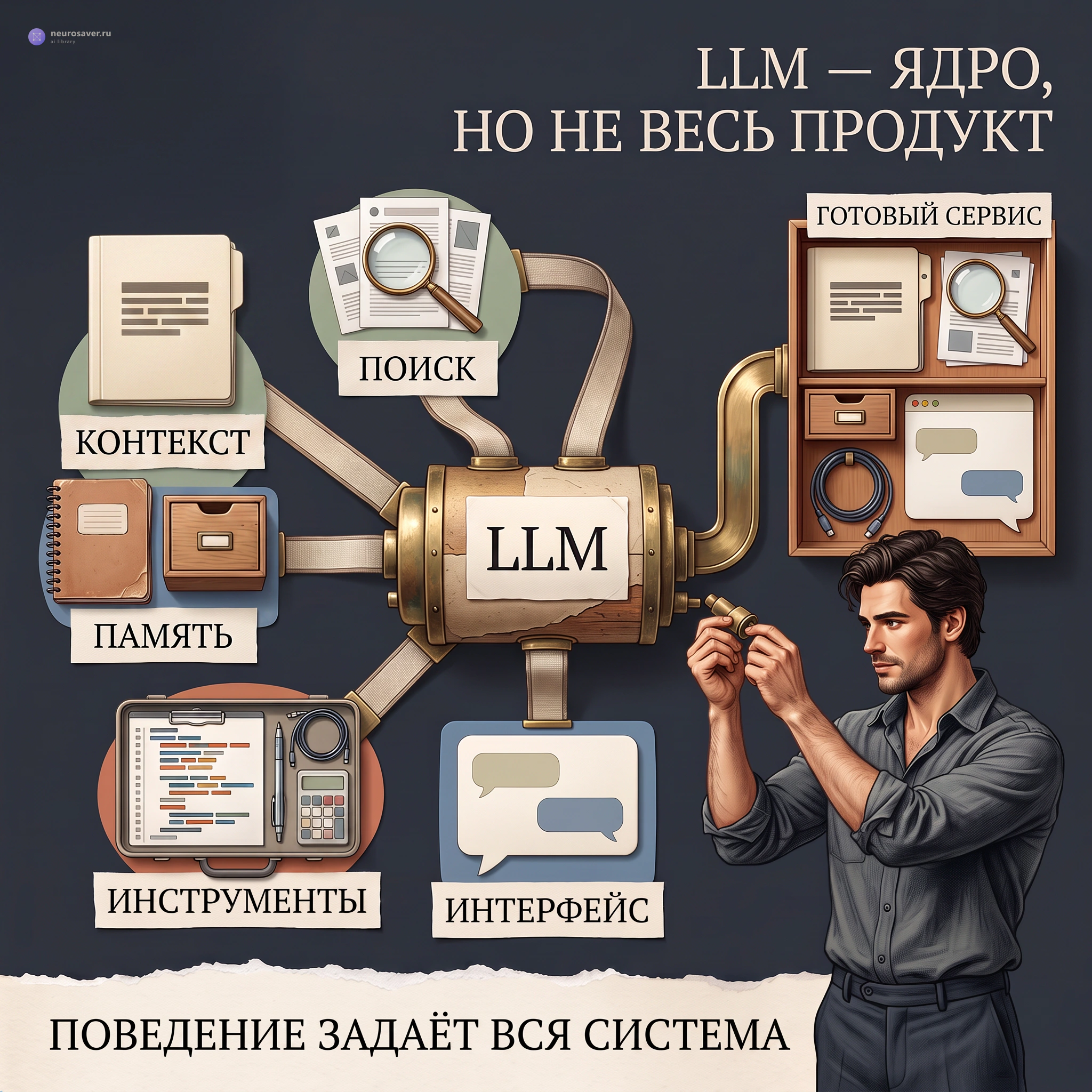 Вокруг ядра LLM расположены контекст, поиск, память, инструменты и интерфейс, а инженер соединяет их в готовый AI-сервис.