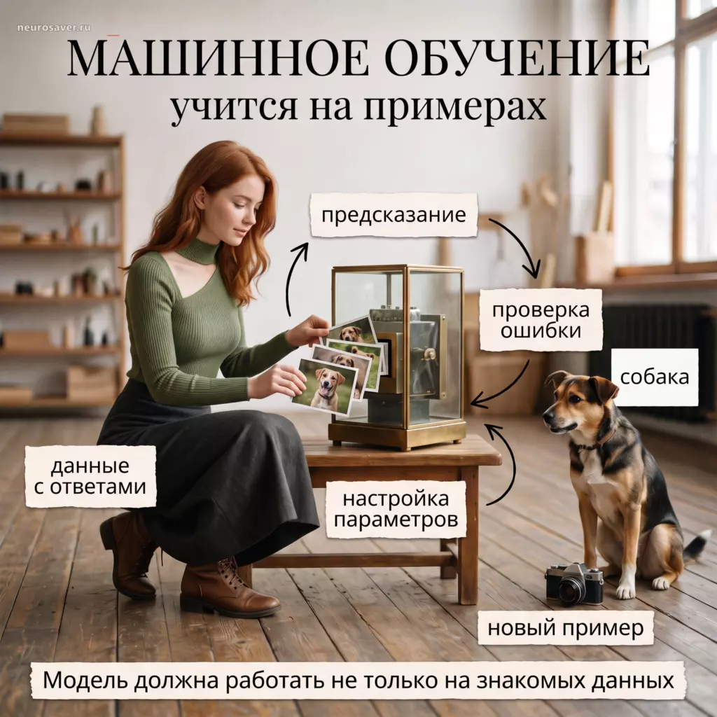 Девушка загружает в модель фотографии собак; цикл предсказания, проверки ошибки и настройки параметров ведёт к распознаванию новой собаки.