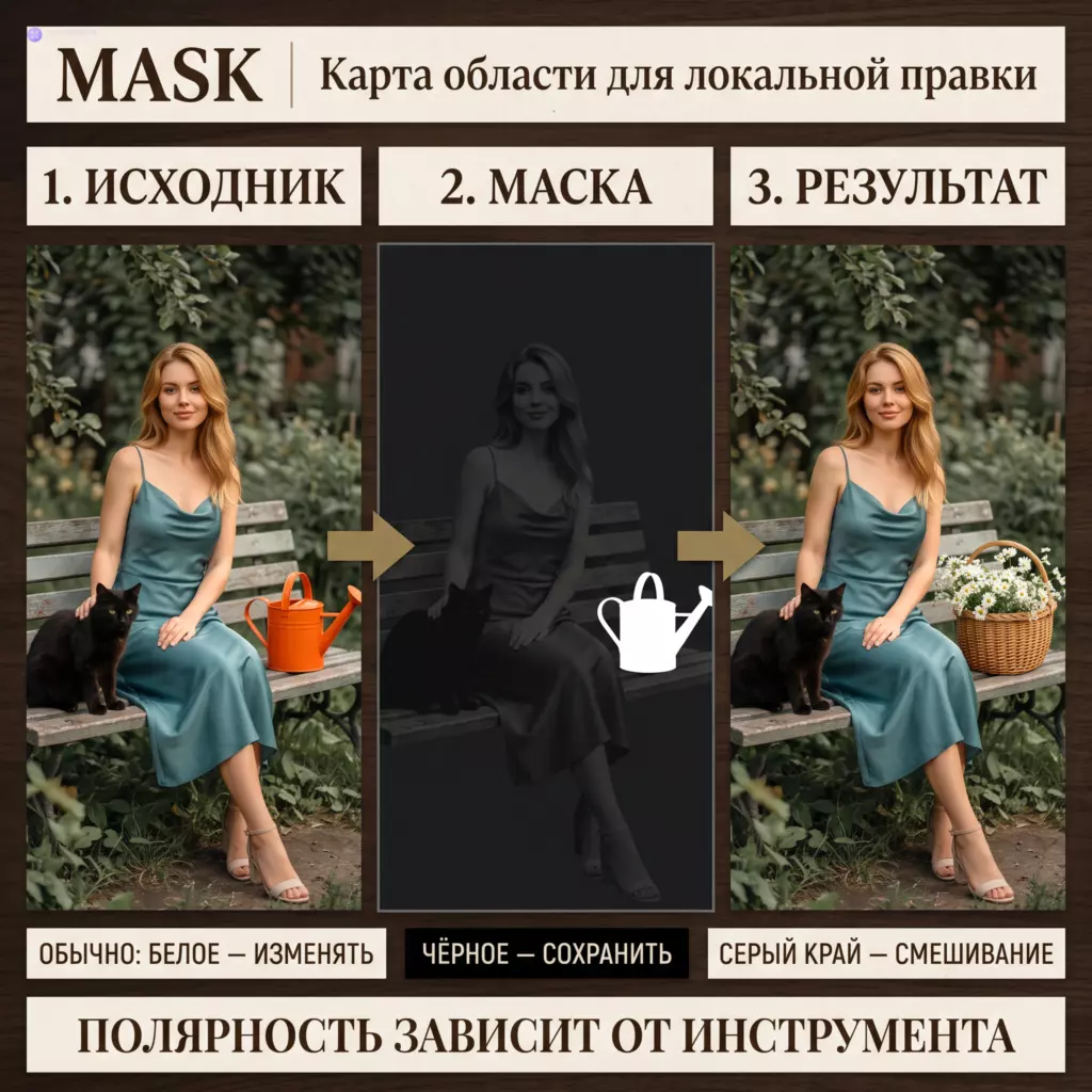Оранжевая лейка рядом с девушкой и чёрным котом выделяется белой маской с серым краем, после чего на её месте появляется корзина цветов.
