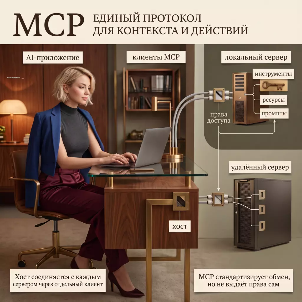 Системная архитекторка управляет MCP-хостом: отдельные клиенты ведут к локальному и удалённому серверу и дают инструменты, ресурсы и промпты с учётом прав доступа.