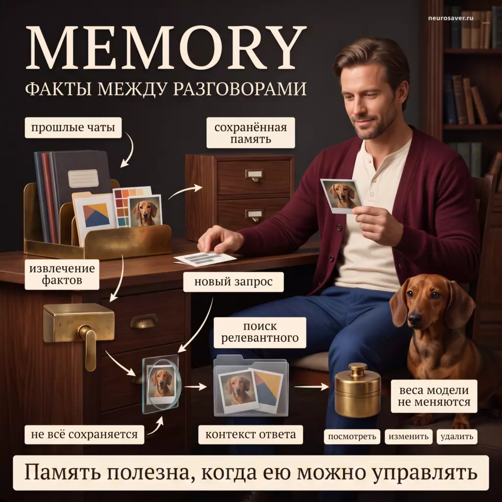 Пользователь и такса показывают память ассистента: факты из прошлых чатов сохраняются во внешней картотеке и по релевантности попадают в контекст нового запроса, не меняя веса модели.