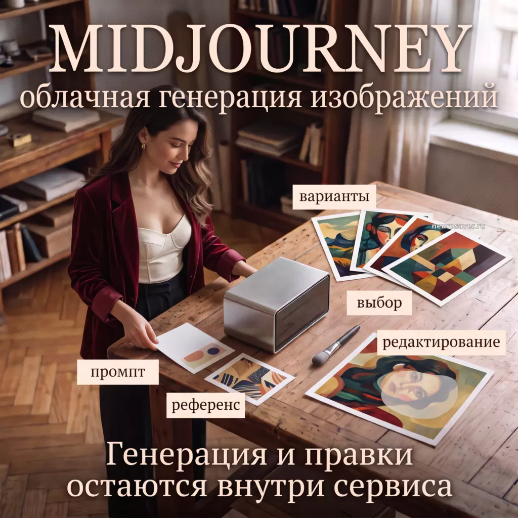 Девушка сравнивает варианты Midjourney, созданные по промпту и референсу, выбирает кадр и отмечает область для редактирования.