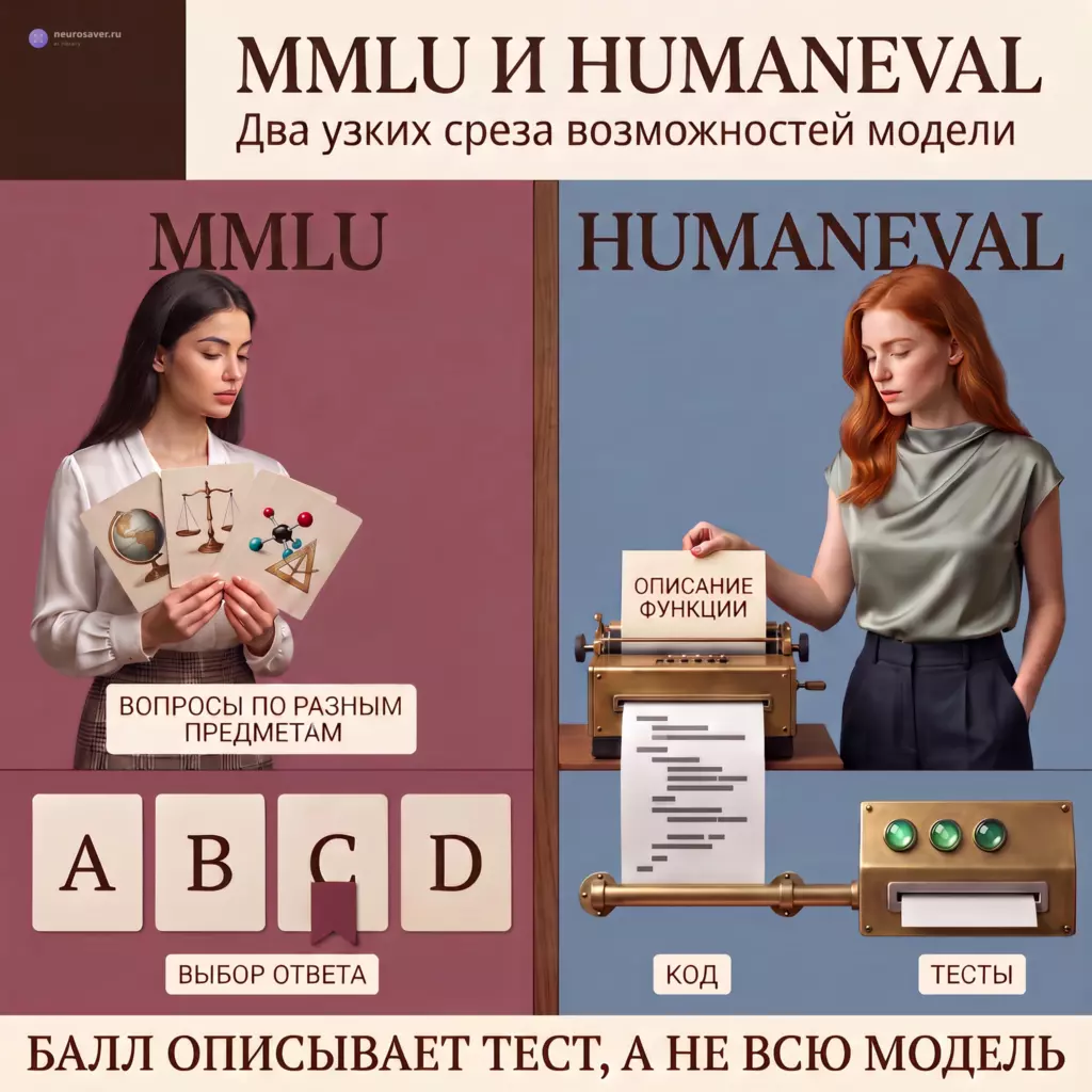 Слева MMLU проверяет выбор ответа среди A–D по разным предметам, справа HumanEval превращает описание функции в код и запускает его через тестовый стенд.