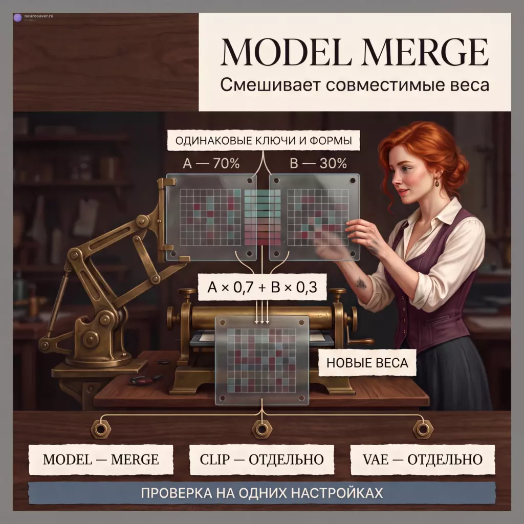 Молодая мастер совмещает две стеклянные матрицы весов A и B в латунном прессе; схема показывает пропорцию 70/30, совместимость тензоров и отдельные MODEL, CLIP и VAE.