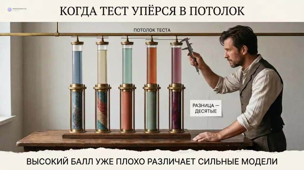 Пять измерительных колонн почти упираются в потолок теста, а эксперт измеряет крошечную разницу между высокими результатами сильных моделей.