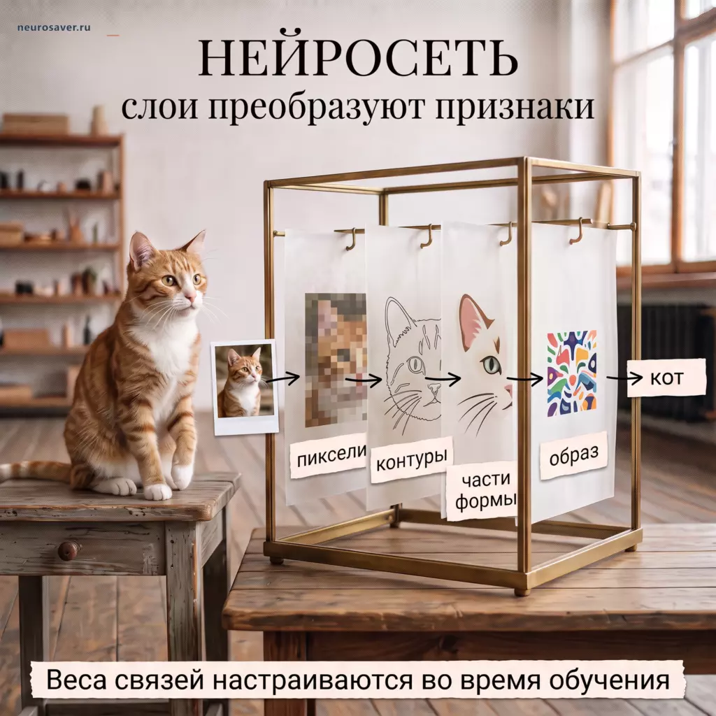 Кот и четыре прозрачных слоя показывают, как нейросеть превращает фотографию в пиксели, контуры, части формы и предсказание «кот».