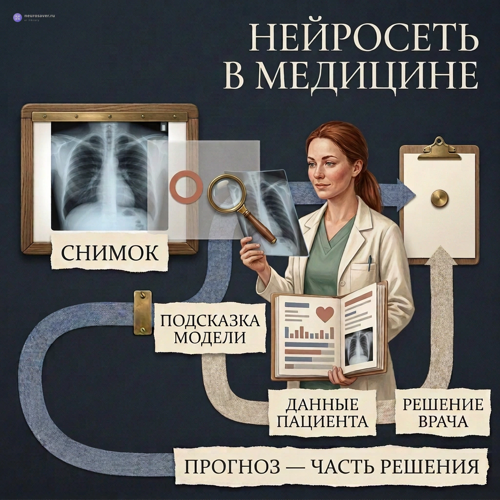 Нейросеть отмечает участок на медицинском снимке, а врач сопоставляет подсказку с данными пациента перед своим решением.