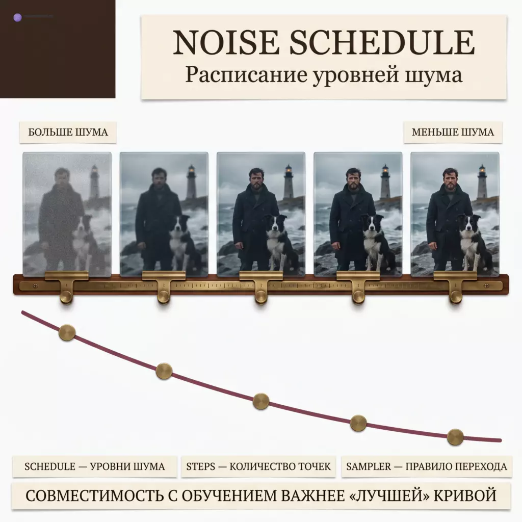 Пять стеклянных фотопластин постепенно проявляют смотрителя маяка с собакой: бордовая кривая задаёт уровни шума, а точки обозначают шаги процесса.