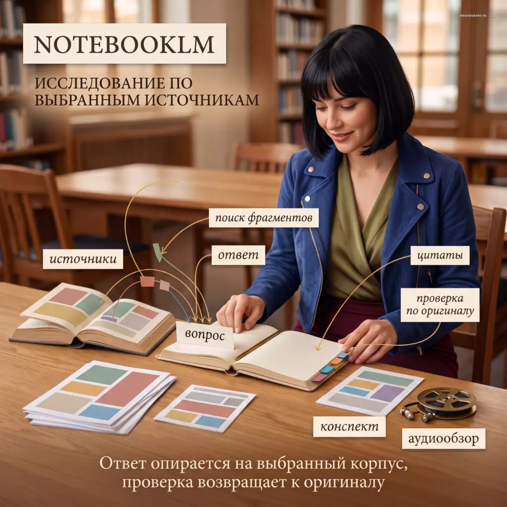 Исследовательница задаёт вопрос по выбранным источникам; NotebookLM находит фрагменты, собирает ответ с цитатами и связывает его с оригиналом, конспектом и аудиообзором.