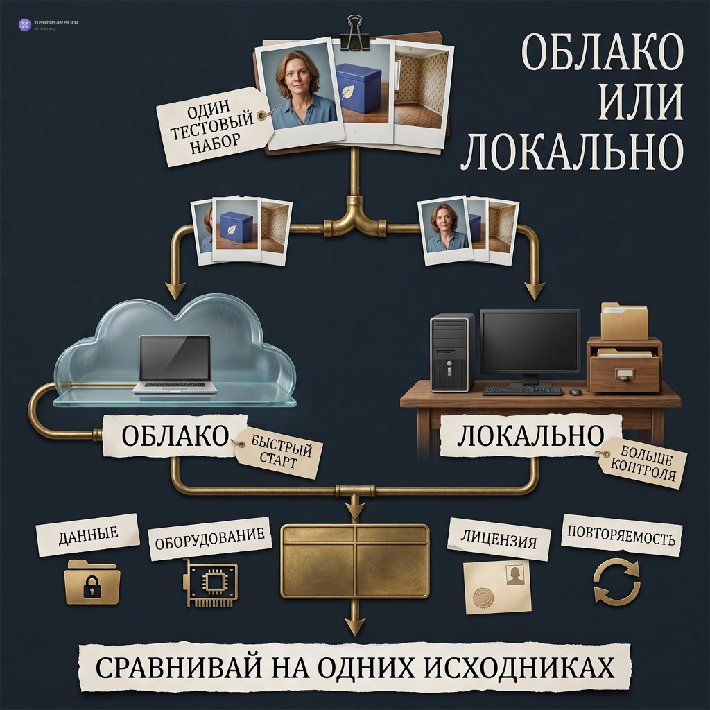 Одинаковый набор портрета, предмета и сцены проходит облачный и локальный контур, а выбор сравнивается по данным, оборудованию, лицензии и повторяемости.