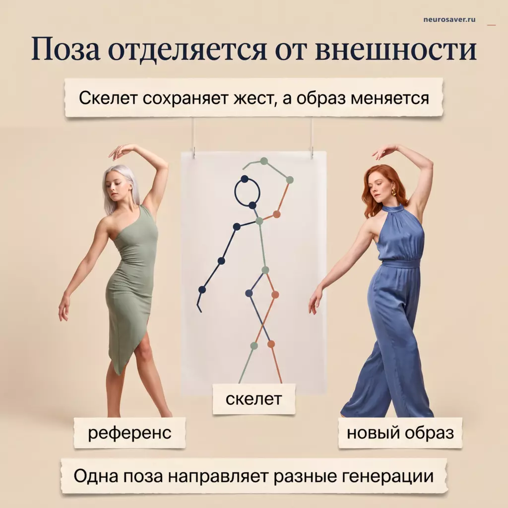 Две девушки повторяют одну позу по схеме ключевых точек, показывая перенос движения через OpenPose.