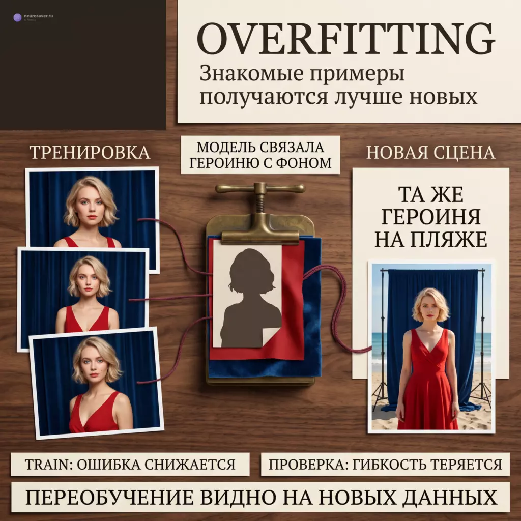 Три похожих студийных портрета девушки сходятся в связку «героиня плюс фон», поэтому на проверочном снимке пляж перекрывает знакомая синяя штора.
