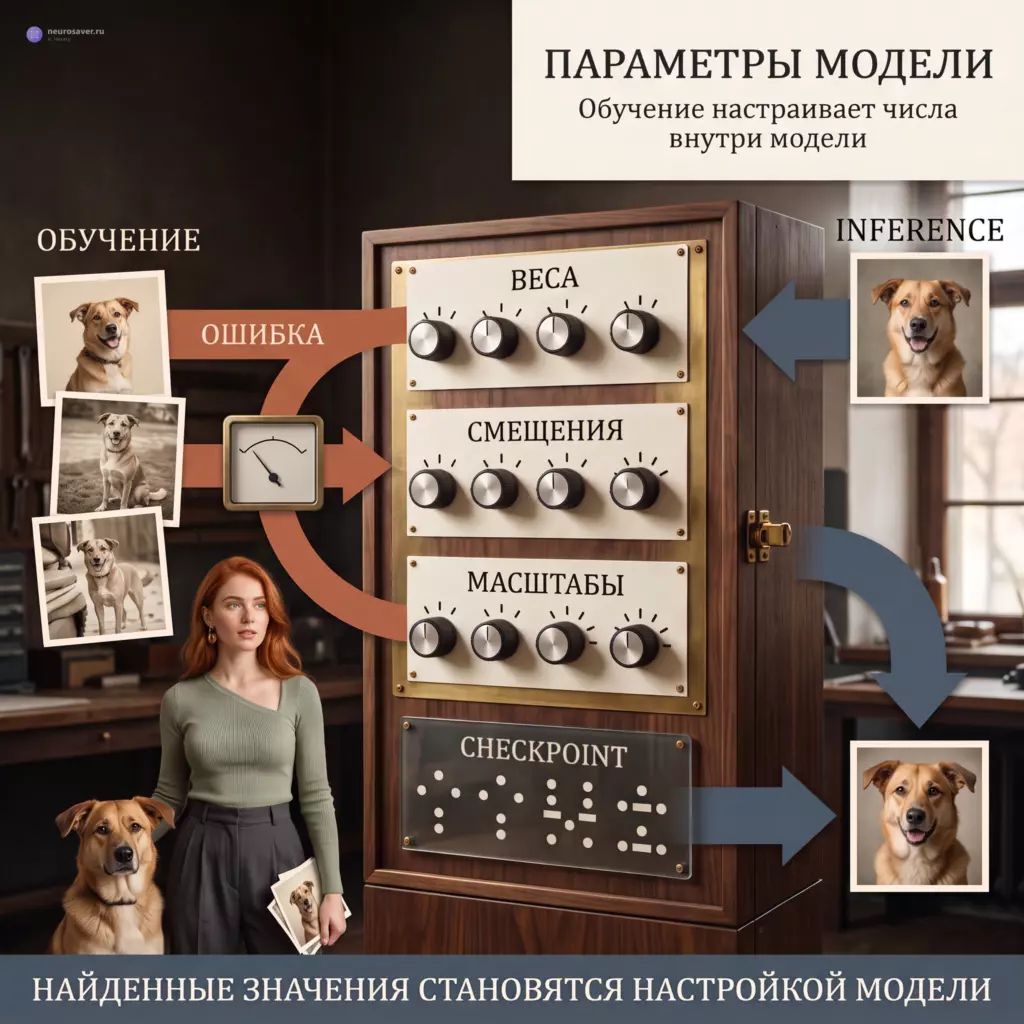 Обучение по ошибке настраивает в модели веса, смещения и масштабы; checkpoint сохраняет положения регуляторов, а inference применяет их к новому снимку собаки.