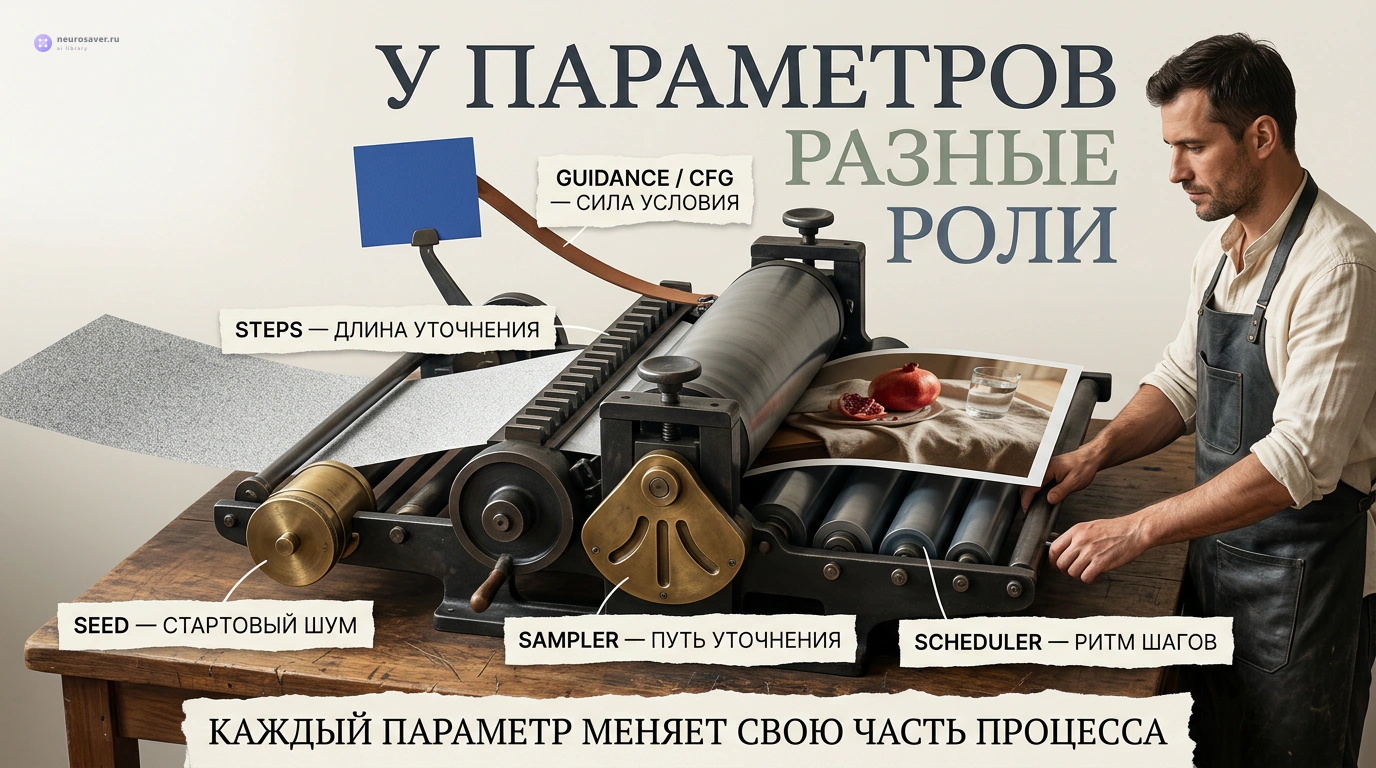 Печатная машина объединяет пять механизмов генерации: seed задаёт шум, steps — длину уточнения, guidance — силу условия, sampler — путь, scheduler — ритм шагов.