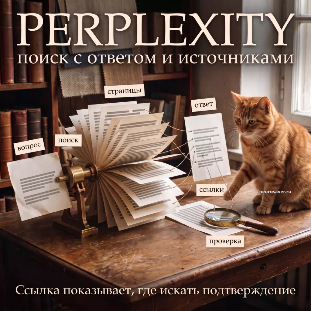 Рыжий кот прослеживает путь вопроса Perplexity через найденные страницы к ответу со ссылками и проверяет исходный фрагмент через лупу.